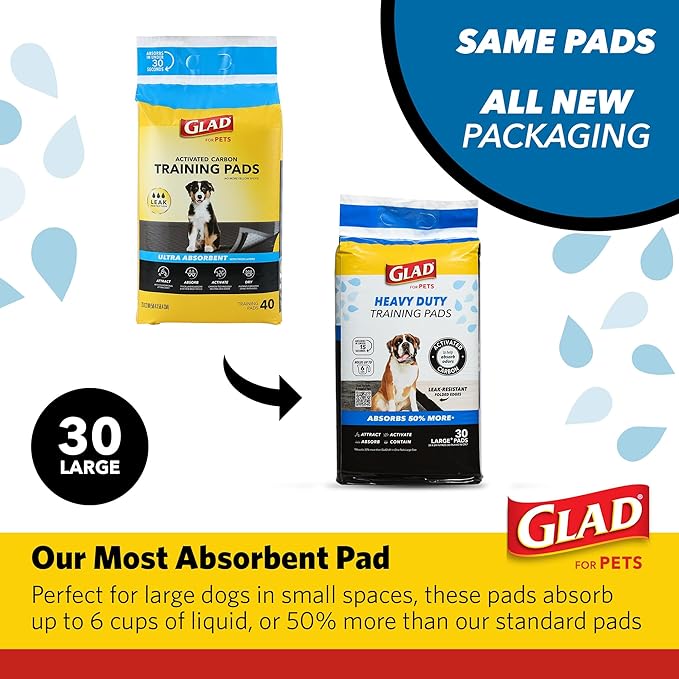 Glad for Pets XL Charcoal Training Pads, Activated Carbon Odor Control with Heavy Duty Leak-Resistant Layers, Quick-Dry Quilted Top Surface, Indoor Potty and Crate Liner, 24 x 24 in, 30 Count