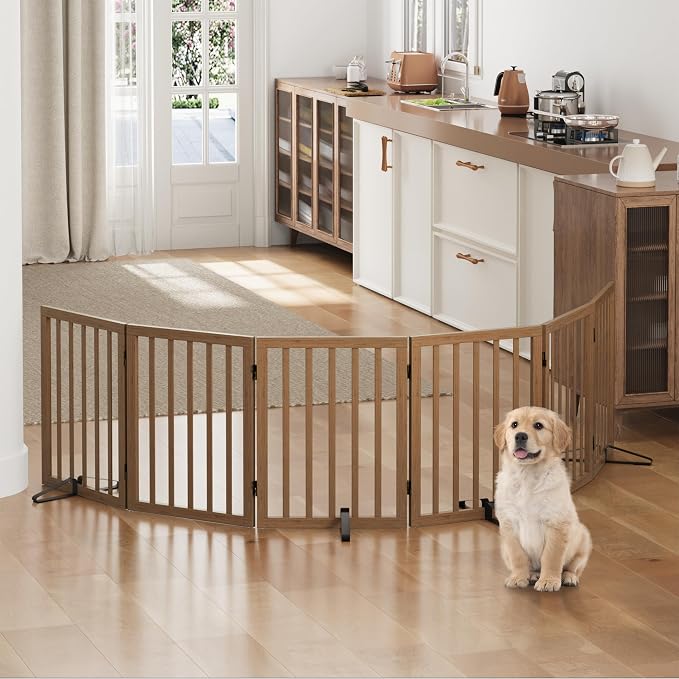 Dog Gates for Doorways, Freestanding Dog Gate Indoor, Foldable Pet Gates for Doorways Bedroom, Puppy Gate with Metal Support Feet, Room Divider 6 Panels (Dark Walnut)