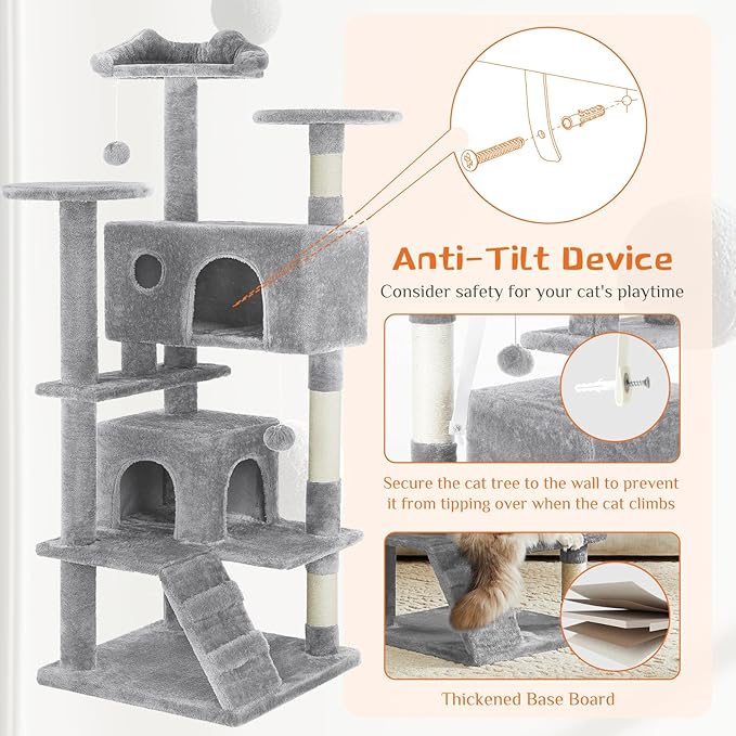 54 Inch Cat Tree, Multi-Level Cat Tower with Condo, Sisal Scratching Posts and Climbing Ladder, Play Toy Balls House for Indoor Cats, Light Grey