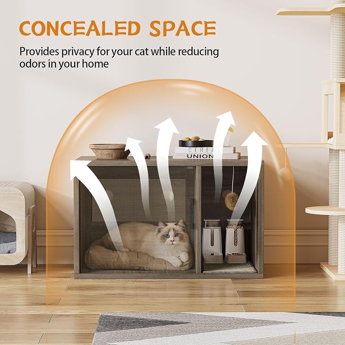 Cat Litter Box Enclosure, Hidden Litter Box Furniture with Door & Bell, Pet House Fit Most of Litter Box, Oak Gray