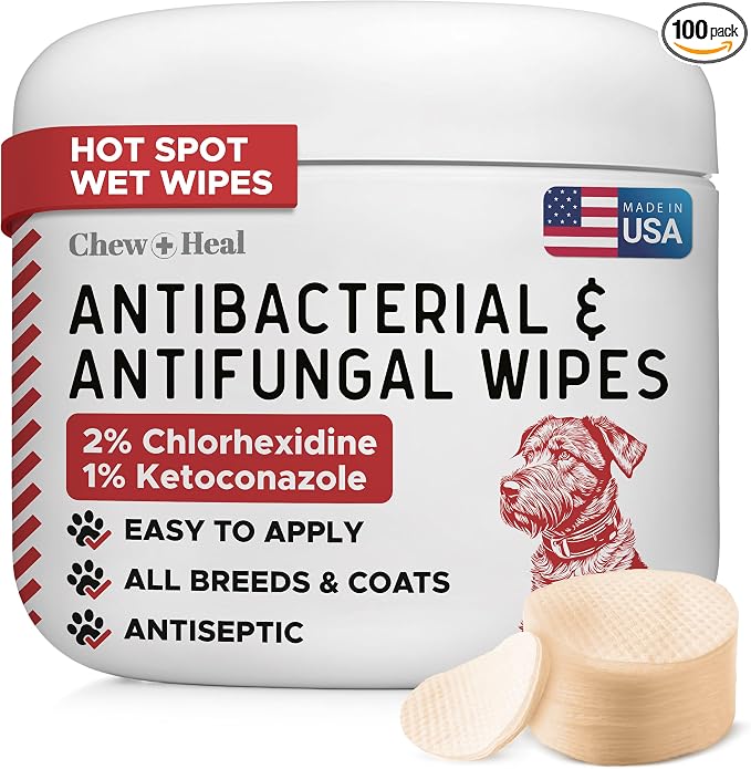 Chew + Heal Labs Dog Paw Wipes Antibacterial 100 Count - Antifungal Wipes for Dogs with 2% Chlorhexidine and 1% Ketoconazole - Good for All Breeds - Made in the USA