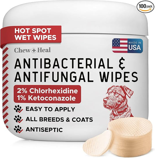 Chew + Heal Labs Dog Paw Wipes Antibacterial 100 Count - Antifungal Wipes for Dogs with 2% Chlorhexidine and 1% Ketoconazole - Good for All Breeds - Made in the USA