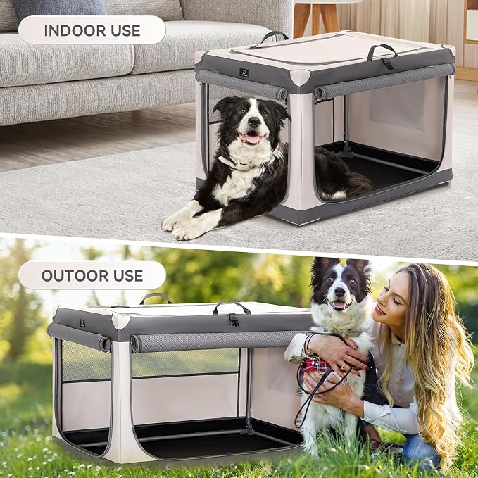 36" Collapsible Dog Crate for Large Dogs - Portable Soft Travel Kennel with Lockable Zippers, Waterproof Base, Washable Cover, Patented Screw Frame for Adjustable Tension, Outdoor, Indoor, Car Use