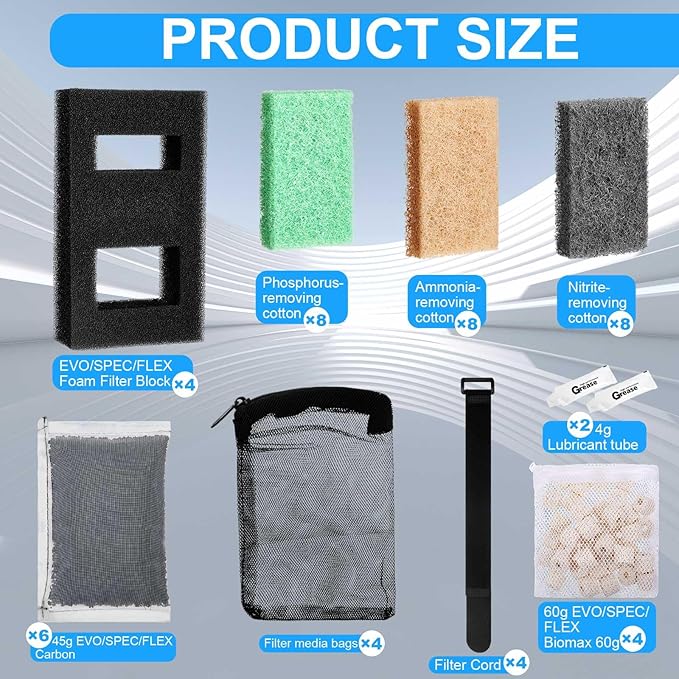Threlaco 4 Set Aquarium Filter Compatible with Fluval SPEC, EVO, Betta and Flex Desktop Aquarium Series, Foam Filter, Carbon, Ammonia/Phosphate/Nitrite Remover Pad, Ceramic Ring, Cord, Grease & Bag