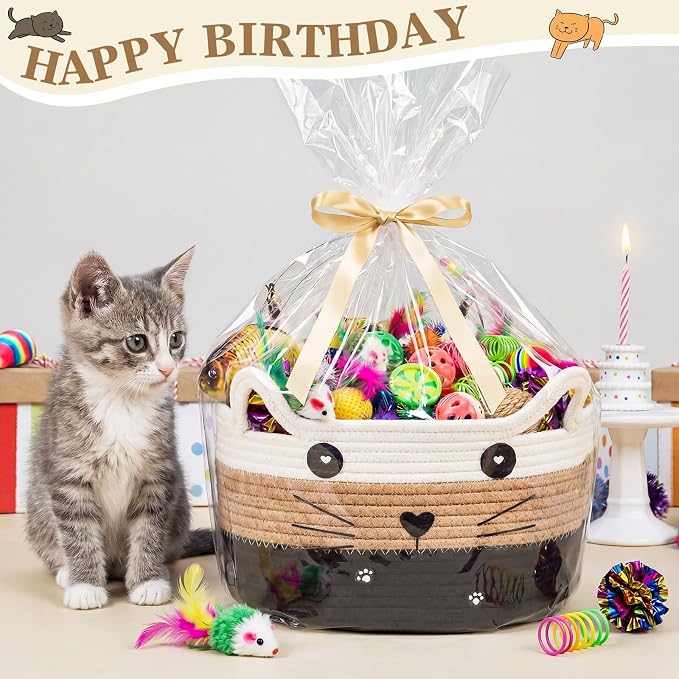 Zopeal 76 Pcs Graduation Cat Storage Basket Gift Toys Set Interactive Cat Toys Kitten Wand Colorful Flashing Balls Pet Crinkle Balls Attract Kitten to Swat, Hunt for Pet Indoor(White,Coffee,Black)