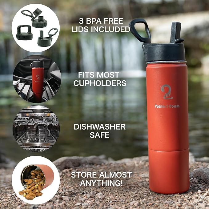 Insulated Water Bottle & Snack Container - Stainless Steel Water Bottle with Storage Compartment, 3 Lid Types BPA Free, Leak & Spill Proof Travel Bottle for Kids & Adults - Snack and Drink Cup