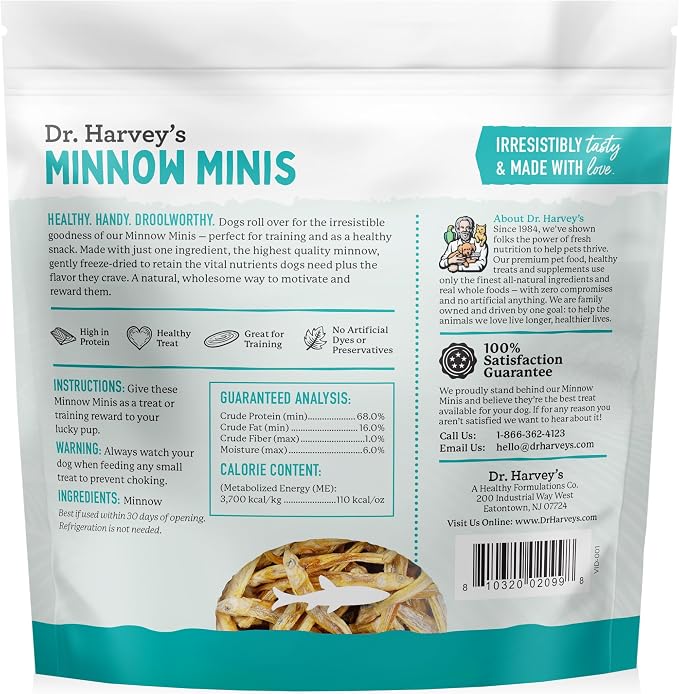 Dr. Harvey's Minnow Minis Freeze-Dried Dog Treats – Fish Treats for Training & Rewards – High Protein, Rich in Omega-3s, Made in the USA - 4 Ounces