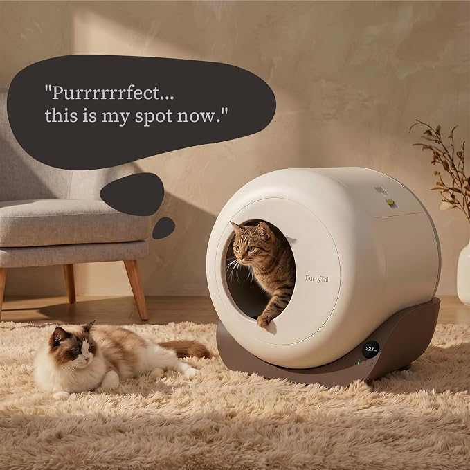 Furrytail Automatic Litter Box Self Cleaning, Kitty Litter Box, Smart Safety Sensors, Advanced Odor & Leak Control, Large Capacity for Multi Cat Homes, with App Control & 40 Trash Bags, Gray