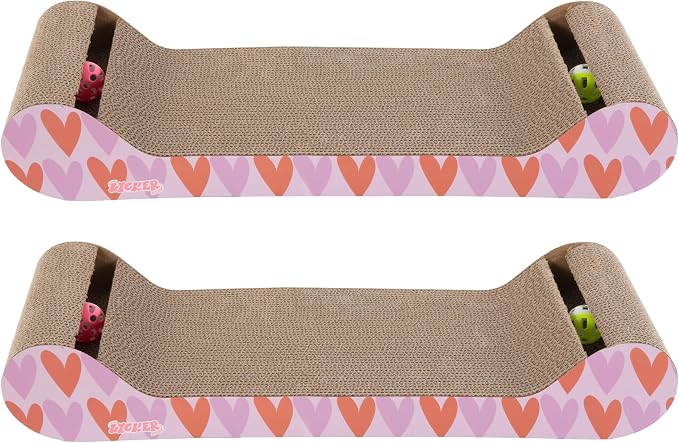 Rini 23.75" Modern Cardboard Cat Scratcher Lounge Bed with Built-in Bell Toys and Catnip, Ergonomic Curved Sofa Design, Pink/Red, Set of 2 CSR1003D-SET2