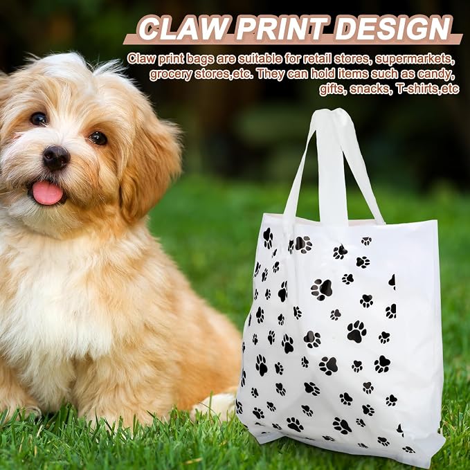 Shinylin 300 Pcs Dog Paw Bags with Handles Plastic Puppy Print Dog Paw Gift Bags for Selling Shopping Merchandise Small Business Party Favor 7.87 x 9.45 Inch