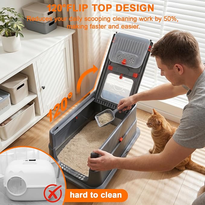 XLarge Stainless Steel Litter Box with Flip Top Lid, High Sided Enclosed Metal Cat Litter Pan, Dog Proof Odor Control Easy Clean, Includes Litter Mat & Scoop, Step Pedal, Carbon Filter, Gray-XL