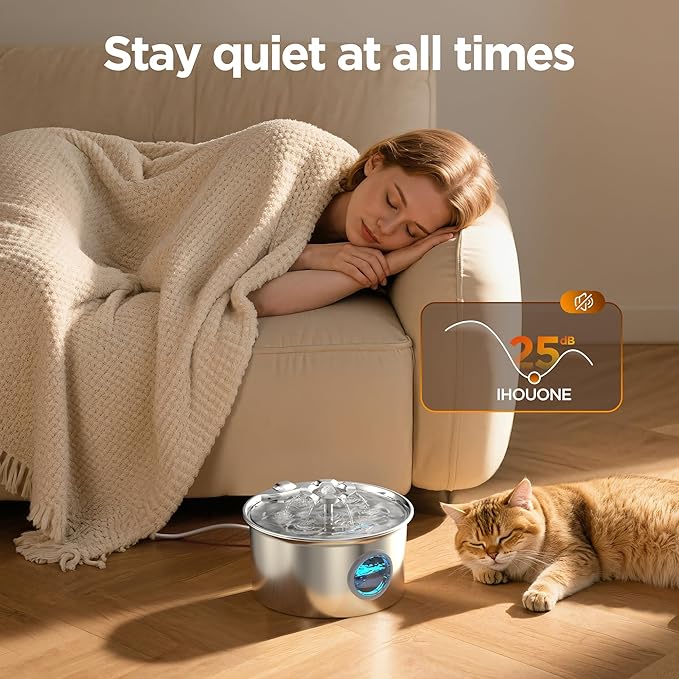 Cat Water Fountain Stainless Steel: Pet Fountain with 6 Filters & 3 Sponges | 88oz/2.6L Water Fountains for Cats Inside with Flower - IHOUONE Kitty Spout Drinking Dispenser Animal Supplies