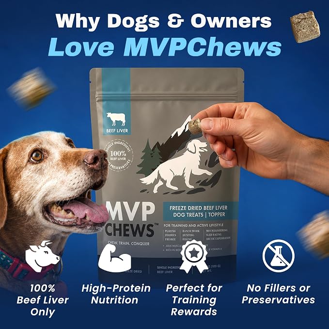 MVPChews | Freeze Dried Beef Liver Dog Treats | Single Ingredient Training Treats | High Protein, Grain Free, No Additives or Fillers | Premium Quality Food Topper | Made in USA - 3.5oz (Pack of 4)