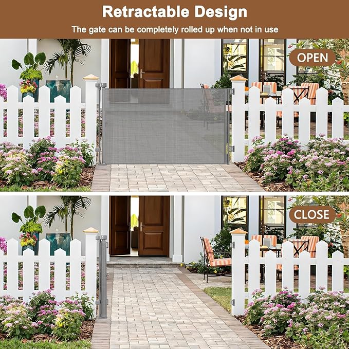 100" Wide Weatherproof Outdoor Retractable Dog Gate with No Rust Screws and Rods, Waterproof 8 Ft Retractable Baby Gates Extra Wide, Scratch-Resistant Mesh Long Baby Gates Indoor Extra Long, Gray