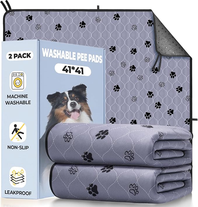 Fostanfly Washable Dog Pee Pads for Dogs, 2-Pack 41"x41" Large Reusable Potty Training Pads, Ultra-Absorbent, Leak-Proof & Non-Slip, with 8 Lanyards for Playpen, Crates & Furniture, Gray