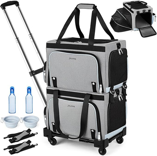 Pet Carrier with Wheels for Cats & Small Dogs, Airline Approved Cat Carrier, Expandable Soft Sided Pet Travel Carrier with Removable Trolley, Mesh Ventilation, Includes Water Bottle & Collapsible Bowl