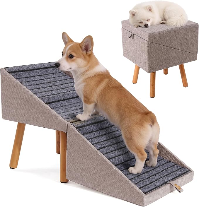 Dog ramp for Small Dogs, 2-in-1 Pet Steps & Ottoman - Foldable Dog ramp for Couch, Non-Slip Wooden Pet ramp for Puppy Senior Injured Dogs (Light Brown, XL(17.13H))