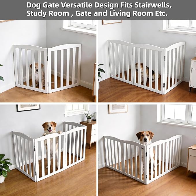Freestanding Dog Gate Indoor,Doggie Gate Foldable Pet Gates for Doorways,Stairs or Hallways, Wooden White Pet Gate for the House, Pet Fence,32 "Height-2 Panels
