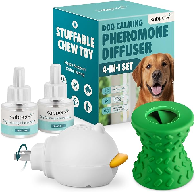 Dog Calming Diffuser Kit Pheromone Plug-in for Dogs, Helps Reduce Pee Accidents, Barking & Separation Anxiety – 1 Diffuser + 2 Refills + Toy | Mess-free support for home routines