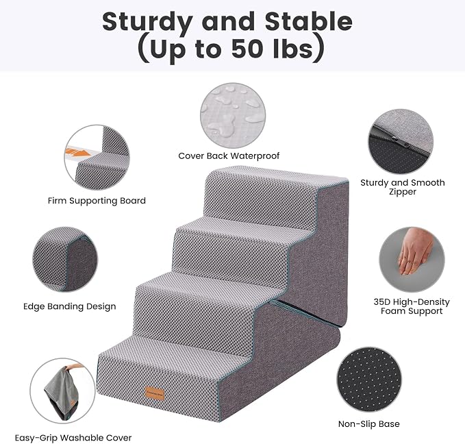 Gardner Pet Dog Stairs for Small Dogs 22" H, Large 2 in 1 Transformable 4-Step Pet Stairs and Dog ramp, Steps for Couch with Durable Non-Slip Waterproof Fabric Cover and Soft Foam, Grey