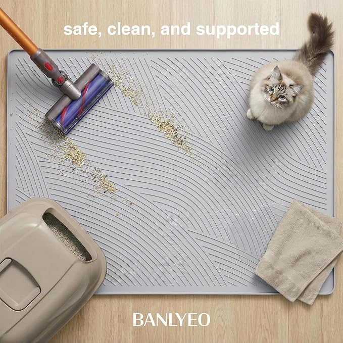 Cat Litter Box Mat - L Large Size 34 x 22 in, Water Proof, Kitty Litter Trapping Mat, Easy to Clean, Scatter Control, Odorless, Pet Supplies for Indoor Cats, Light Gray