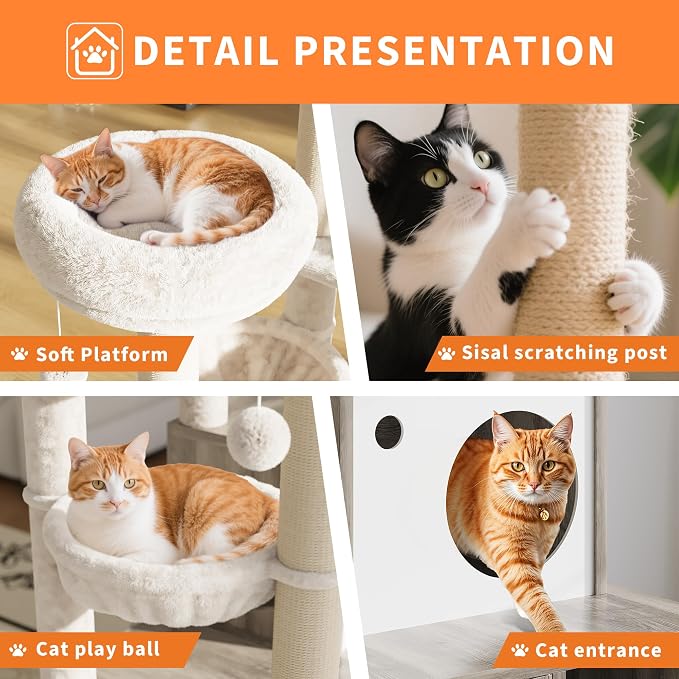 Garvee Cat Litter Box Enclosure with Tree Tower and Condo, Hidden Pet Washroom Furniture with Sisal Scratching Post,Hammocks and Soft Plush Perch, Wooden Cat Furniture with Multiple Platforms,Grey