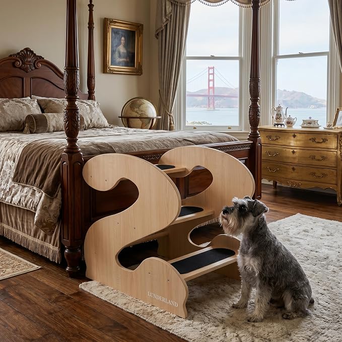 Wood Dog Stairs for Bed and Sofa (YellowMapleGrainPatten) | 3-Step Small Senior Pet 23¼ D x 16¾" W x 19⅜ H,Trainer-Recommended Wood Ramp Steps