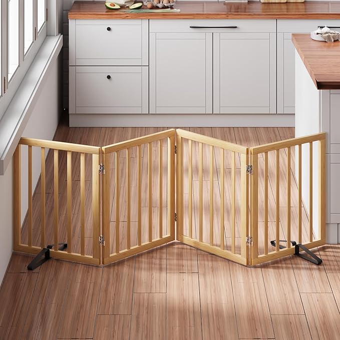 Natural 37-74" Wide Dog Gate for Stair, Bamboo Dog Gates for the House Doorways, Freestanding Pet Gates for Dogs, Doogie Puppy Fence Gate