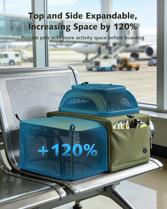 Pecute Expandable Pet Carrier Airline Approved Dog Cat Carrier, Breathable Soft-Sided with Locking Zippers, Pet Travel Bag for Small Dog Cat Anti-Scratch Mesh Leakproof Pee Pad