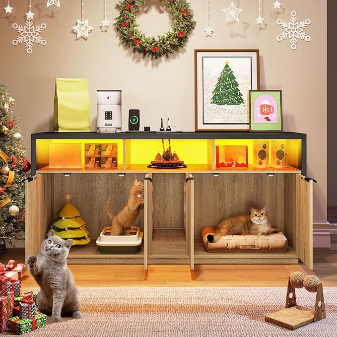 YITAHOME Double Hidden Cat Litter Box Enclosure with Power Outlet & LED Light, 60 Inch Dual Kitty Litter Box TV Stand Furniture for 2 Cats, Wooden Cat Cabinet for Indoor Cats, Grey Oak