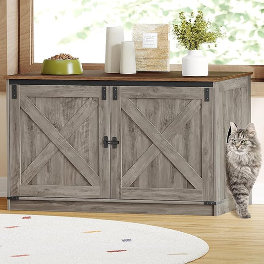 Hzuaneri Cat Litter Box Enclosure with Cushion, Hidden Litter Box Furniture with Removable Dividers, Reversible Entrance Left or Right Side, Cat House, Greige CB84705X