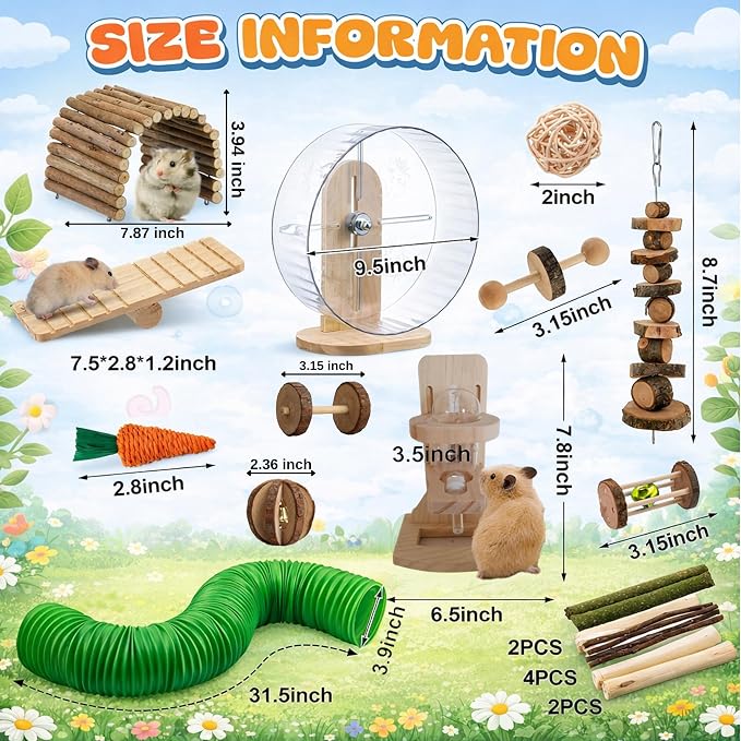 23 PCS Hamster Toys & Accessories Set – Wooden Maze House, Silent Exercise Wheel, 17 Pcs Chew Toys, Water Bottle & Hamster Fitness Toy for Hamsters, Rats & Small Animal Cage Accessories (Green)