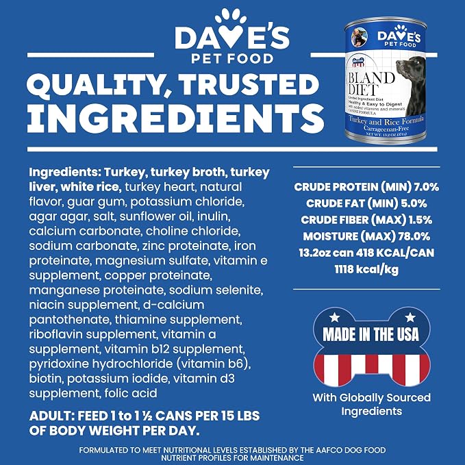 Dave's Pet Food Bland Diet Dog Food (Turkey & Rice), Sensitive Stomach, Easy to Digest Pate, Gluten-Free, Digestive Care, Low Fat (5%) Limited Ingredients, Complete & Balanced, 13.2 oz (Case of 12)