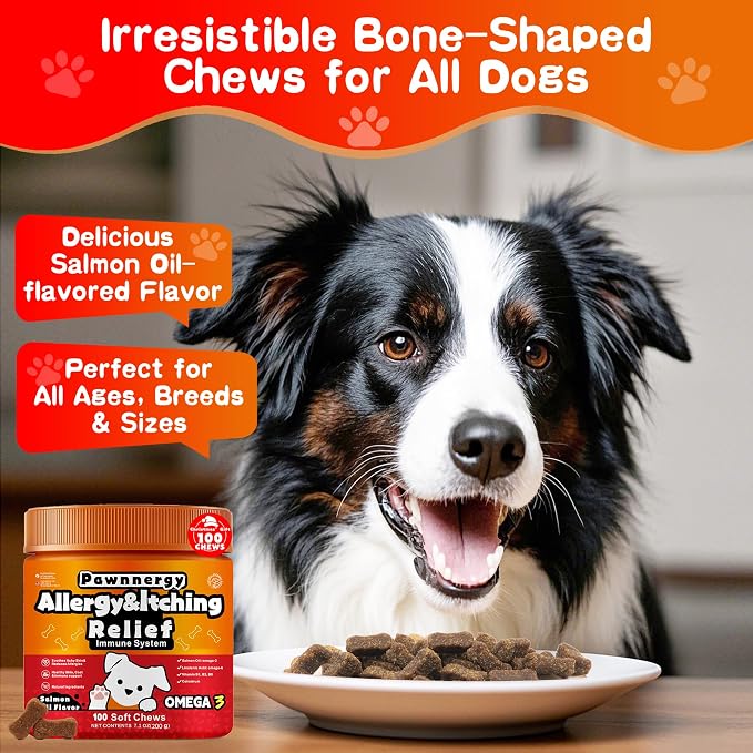 Dog Allergy Chews, Itch Relief Chews, Salmon Oil Omega-3/6, Probiotics | Vet-Recommended, Soft Chews, Vitamin B1/B2/B6, Hot Spots/Paw Licking Relief, Colostrum Probiotics, 100ct