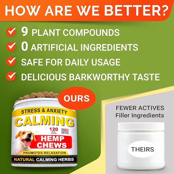 Hemp Calming Chews for Dogs Anxiety Relief - Made in USA w/ Hemp Oil - Dog Training & Behavior Aid - Natural Stress Relief During Firework, Storm, Separation, Barking - 240 Treats