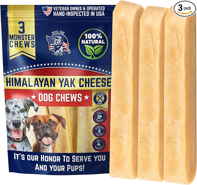 Devil Dog Pet Co. Himalayan Yak Cheese Dog Chews for Large and Giant Breeds & Aggressive Chewers - Long Lasting, Rawhide Free, High Protein - Cleaner Teeth, Anxiety & Boredom Relief - 3 Pack