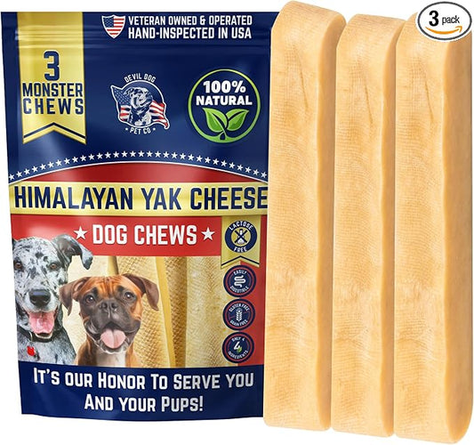Devil Dog Pet Co. Himalayan Yak Cheese Dog Chews for Large and Giant Breeds & Aggressive Chewers - Long Lasting, Rawhide Free, High Protein - Cleaner Teeth, Anxiety & Boredom Relief - 3 Pack