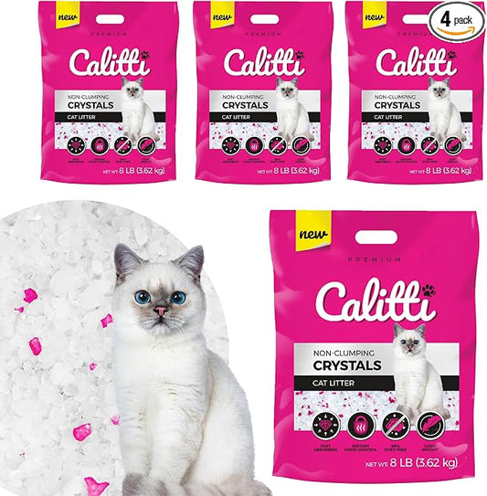 Calitti Premium Crystal Cat Litter – Ultra Absorbent & Maximum Odor Control – 99.9% Dust-Free, Low Tracking, Non-Clumping Silica Gel – Unscented – 32 lb (4 x 8 lb Packs)
