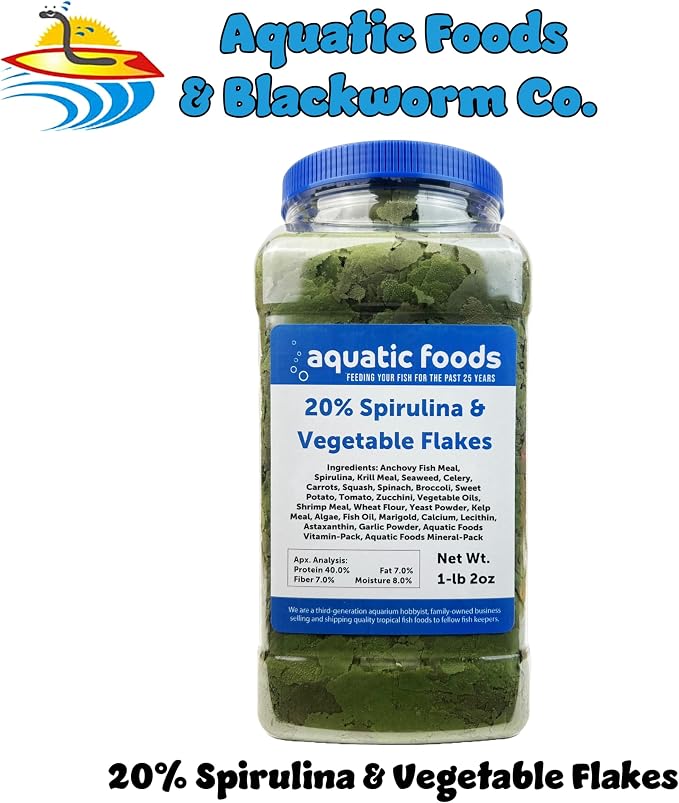 Premium Spirulina & Vegetable Flakes with 20% Spirulina for African Cichlids, Angle Fish, All Tropical Fish Also Pellet Mix, Wafer Mix Included…1-lb 2oz