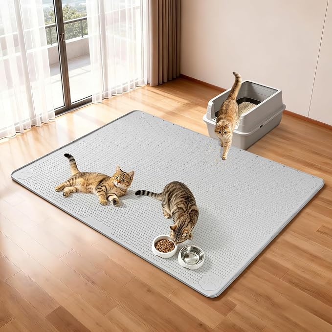 Cat Litter Mat, XL Extra Large 40" x 40" Silicone Mat Litter Trapping Mat for Scatter Control, Soft on Kitty Paws, Easy to Clean (Light Grey)