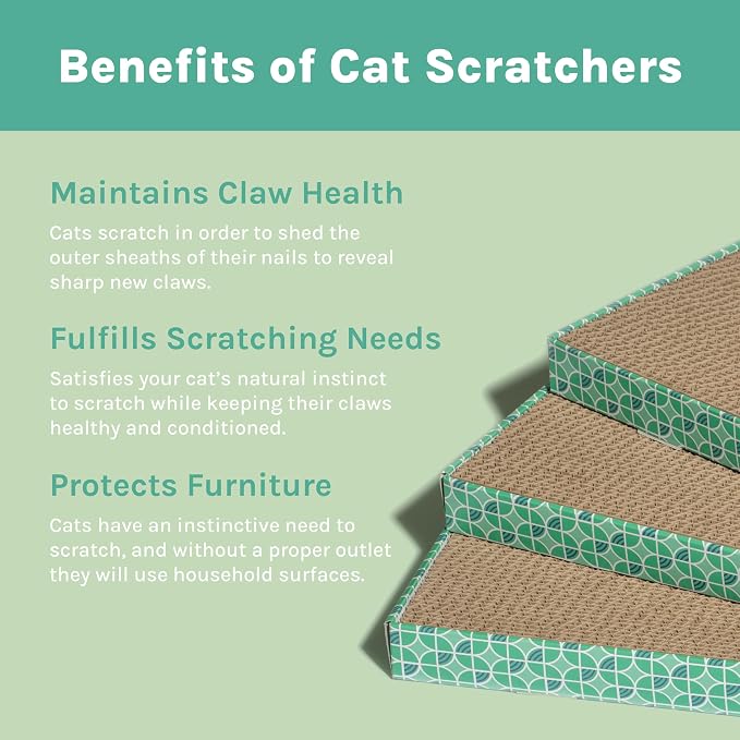 Kitty City 3‑Pack Corrgate Cat Scratcher Pads with Catnip - Horizontal Nail Filing Scratch Mat, Durable Couch Lounger Bed Alternative, Cat Scratch Toy - Cute Fish & Cats Design, Large 18.5” x 9.5”