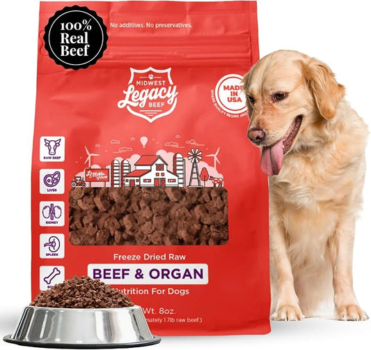 Freeze Dried Raw Beef & Organ Raw Dog Food, 80/10/10 Recipe with Beef, Organs & Ground Bone, High Protein Grain Free Freeze Dried Dog Food Topper for Dog's of All Life Stages, Made in USA, 8 Oz