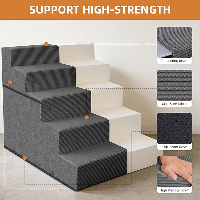 Dog Stairs for Large Dog, 22.5" H, 5-Step Pet Steps for High Bed Couch Sofa and Chair, Non-Slip Pet Ramp for Injured & Senior Pets with Washable Cover and Durable High Density Foam, Grey
