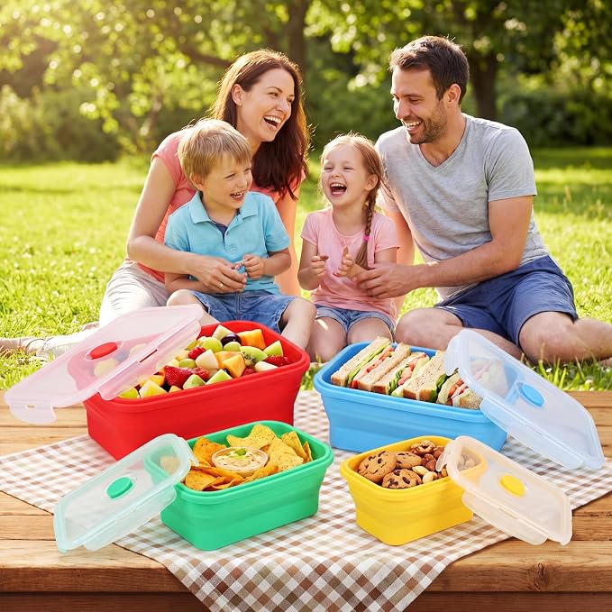 Mifoci Set of 8 Silicone Collapsible Bowls for Camping with Vent Lid Silicone Storage Containers for Food Meal Preparation Square Bowl Microwave Freezer Dishwasher Safe(Vibrant Color,Assorted Sizes)