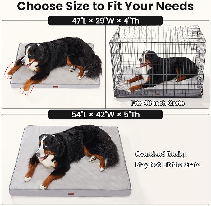 OhGeni Orthopedic Waterproof Dog Bed for Extra Large Dogs, Machine-Washable Removable Cover in Easy-Clean Fabric, Reversible Memory Foam & Easy-Carry Handle, Suitable for Crate, 47 inch (Gray)