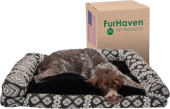 Furhaven Pillow Dog Bed for Large Dogs w/ Removable Bolsters & Washable Cover - Plush & Southwest Kilim Woven Decor Sofa - Black Medallion, Jumbo/XL