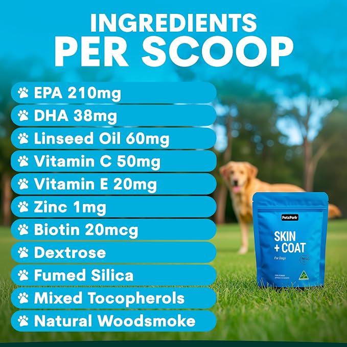 Petz Park Dog Skin and Coat Supplement 90 Scoops, Omega 3 for Dogs, Fish Oil for Dogs Skin and Coat Support, Dog Food Topper Powder, Dog Health Supplement Made in Australia