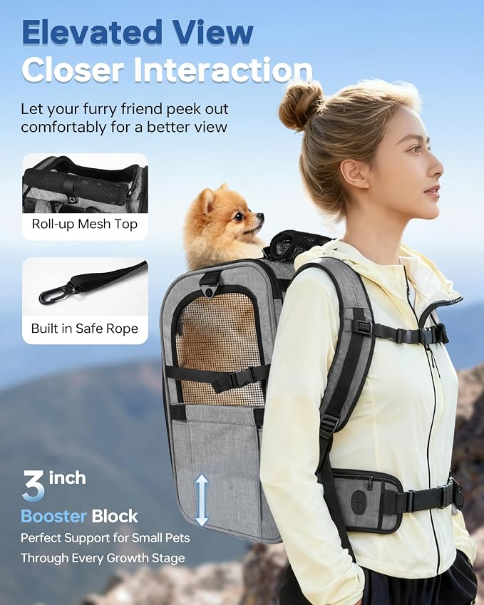 Hiking Dog Carrier Backpack, Padded Height-Enhancing Design, Adjustable Waist Cushioning Belt with Breathable Padded Back Support, Dog Carrier Backpack for Small Dogs Max 13LB Grey with Pad
