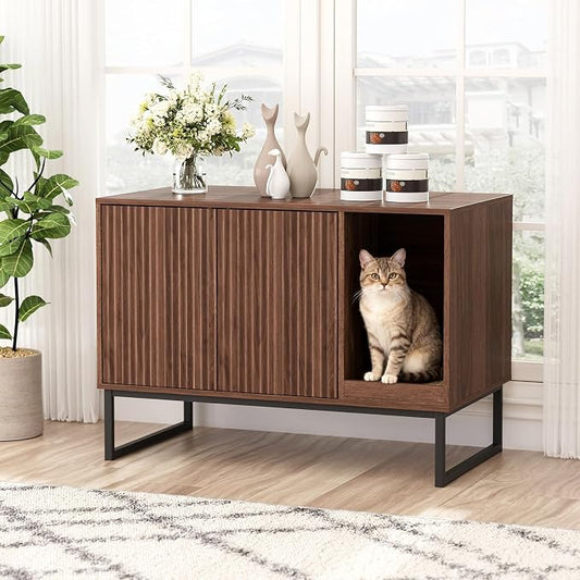 Cat Litter Box Enclosure, Fluted Hidden Litter Box Furniture with Scratch Pad and Metal Legs, Modern Enclosed Cat Cabinet, 31.5 x 17.7 x 21.7 Inches Indoor Pet House for Living Room, Washroom, Walnut