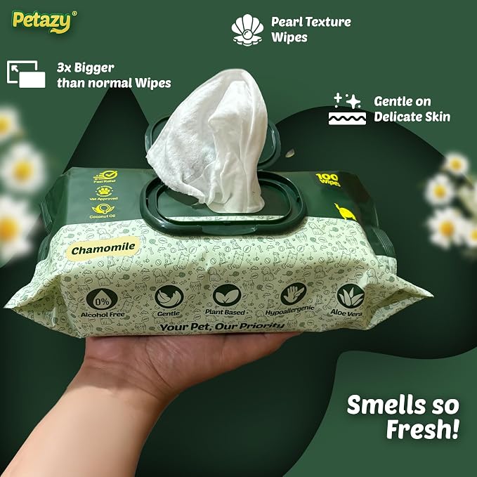 Petazy Pet Wipes for Dogs and Cats – 400 Count (8x8in) Hypoallergenic, Deodorizing Dog Wipes for Paws, Ears and Butt | XL with Aloe & Coconut Oil, Chamomile Scented | Includes 4 Grooming Glove Wipes